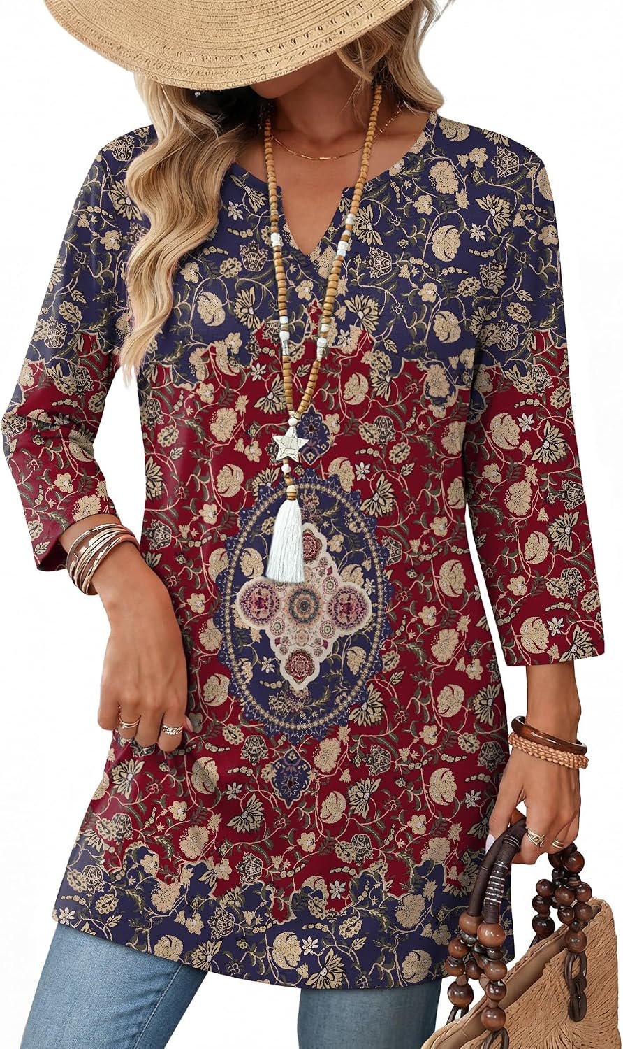 OFEEFAN Summer Boho Tops For Women 3/4 Length Sleeve Womens Tops Vacation Outfits