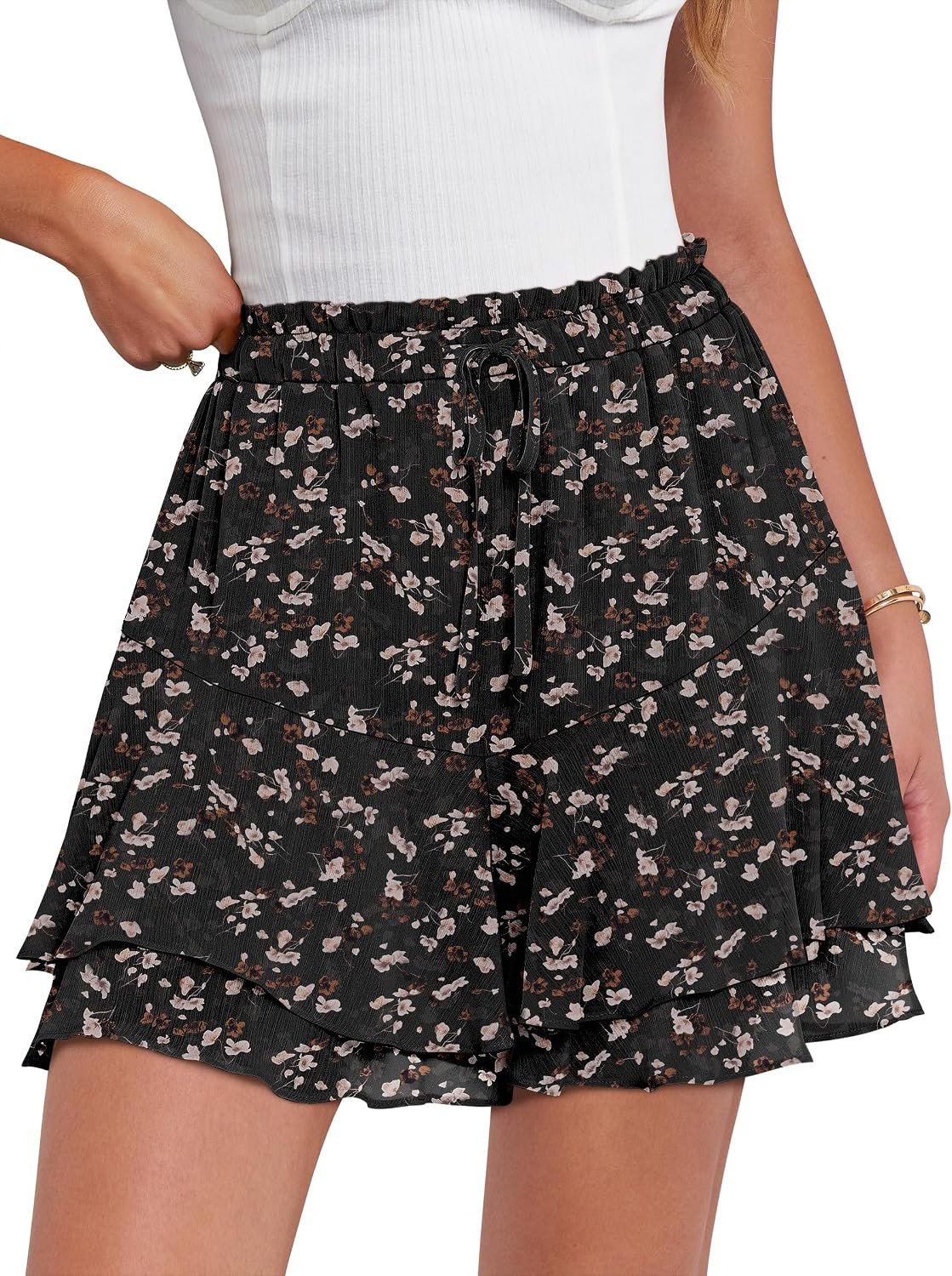 Caracilia Skorts for Women Boho Casual Beach Mini Skirts Summer Floral Ruffle Chiffon Flowy Shorts 2026 Trendy Outfits