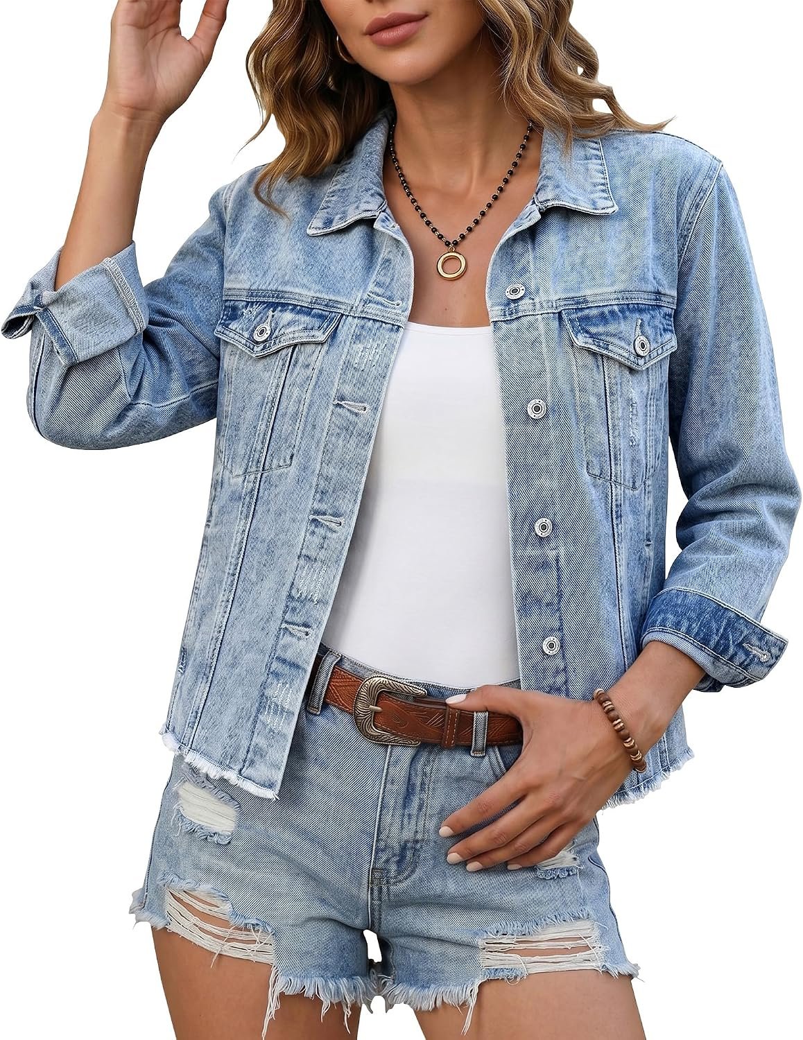 luvamia Denim Jacket for Women Distressed Jean Jackets Button Up Vintage Western Trucker Jacket Frayed Hem Pockets