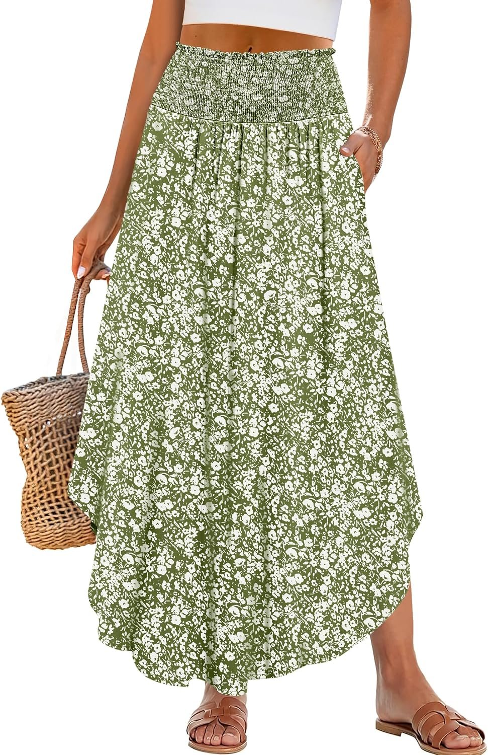 ANRABESS Women’s Maxi Skirts Summer Boho Floral High Waisted Flowy Swing Pleated Beach Long Skirt with Pockets