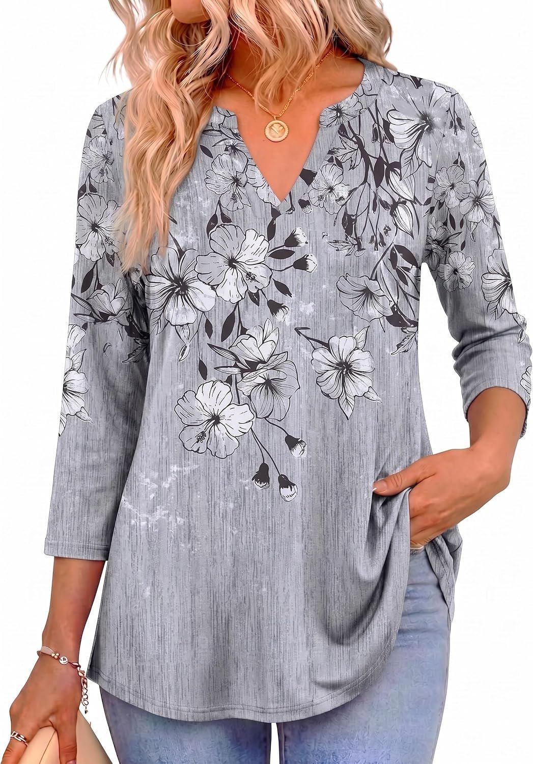 Zeagoo Womens 3/4 Length Sleeve Tops V Neck Tunic Dressy Casual Blouse