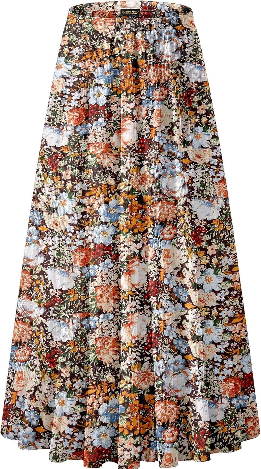 NASHALYLY Women’s Chiffon Elastic High Waist Pleated A-Line Maxi Skirts