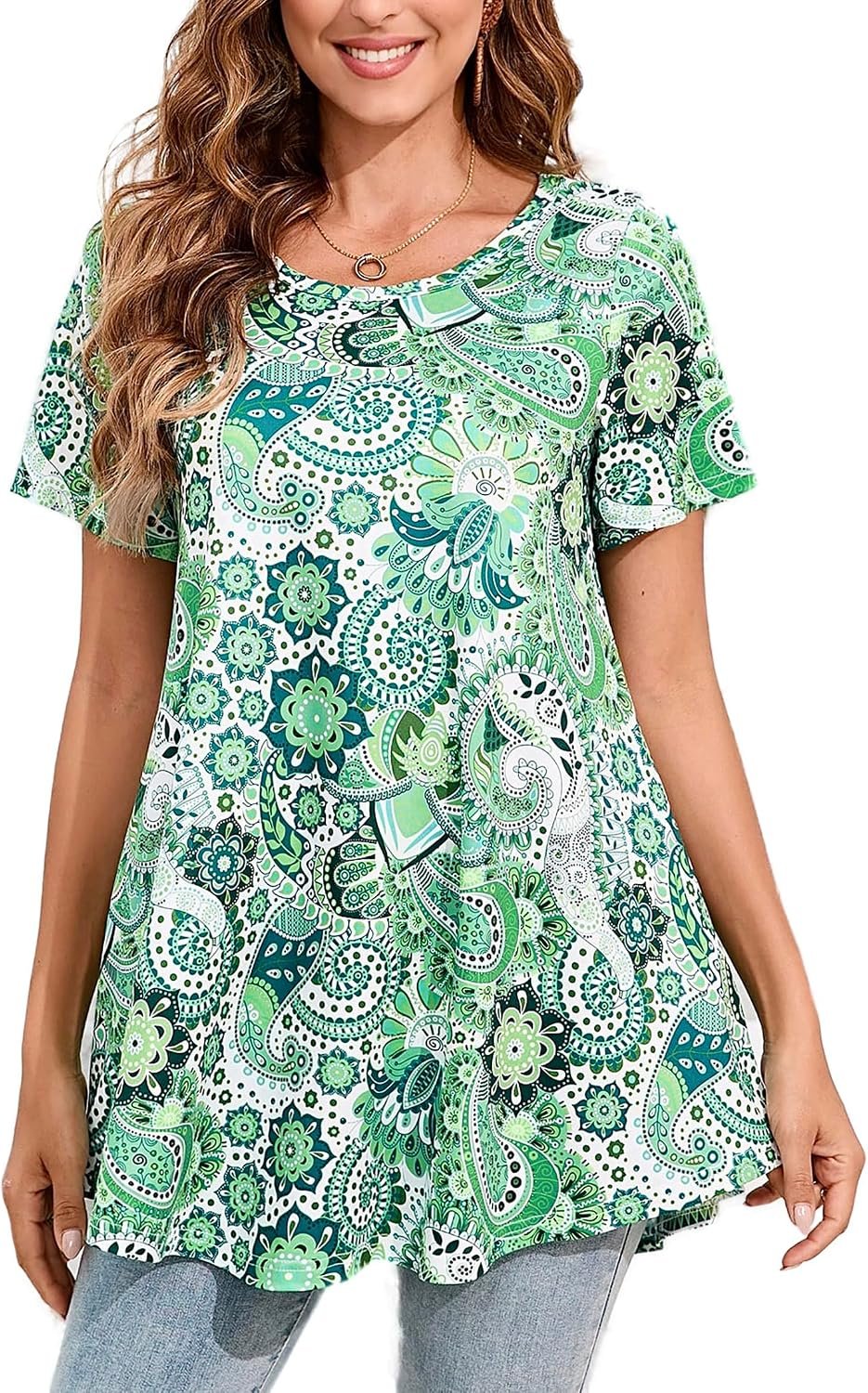 Tunic Tops for Women Plus Size Short Sleeve Crew Neck Swing Flare Loose T-Shirt Blouses to Wear with Leggings