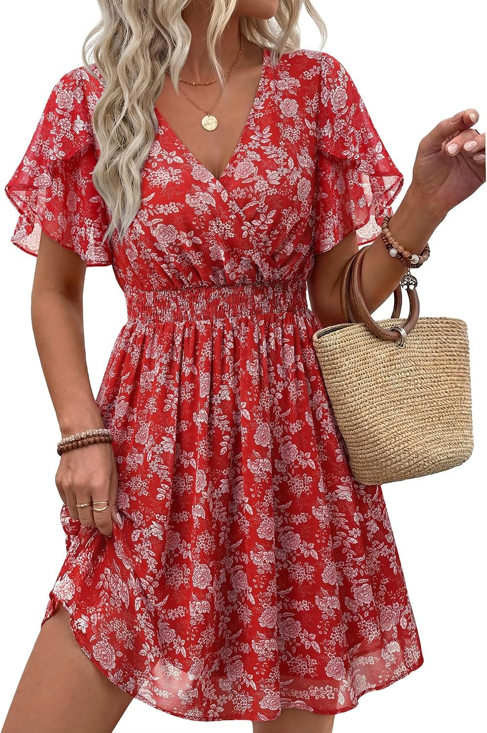 Womens Summer Ruffle Short Sleeve Dress V Neck Flowy Chiffon Layers Boho Dresses