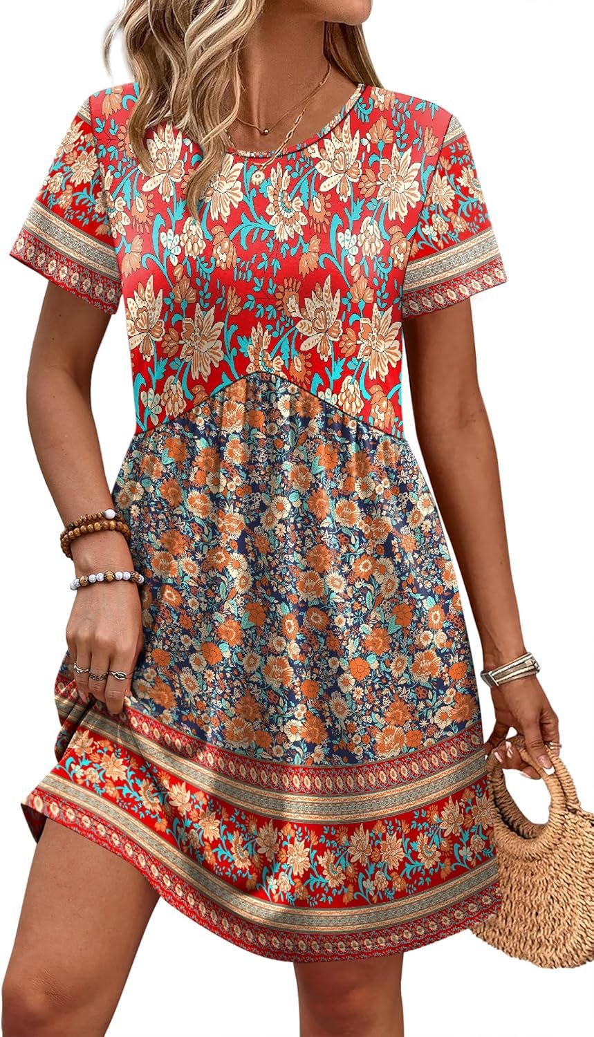 OFEEFAN Spring Dresses for Women 2026 Short Sleeve Crew Neck Casual Dresses Empire Waist Maternity Dress with Pockets