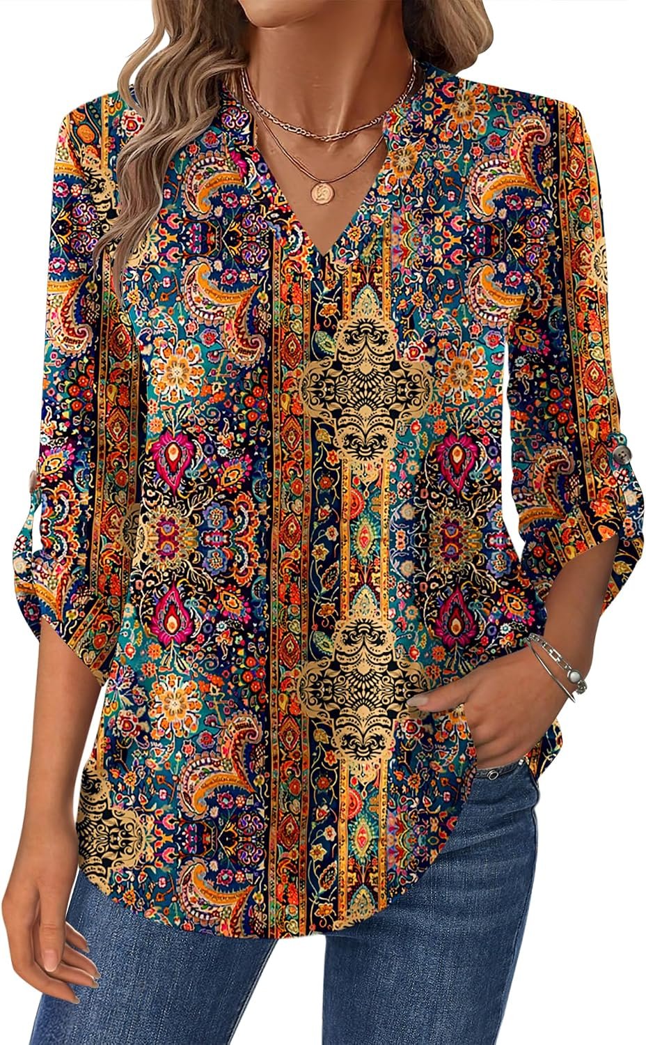Zeagoo Womens Roll Up Long Sleeve Tops V Neck Shirts Dressy Casual Work Blouses S-2XL