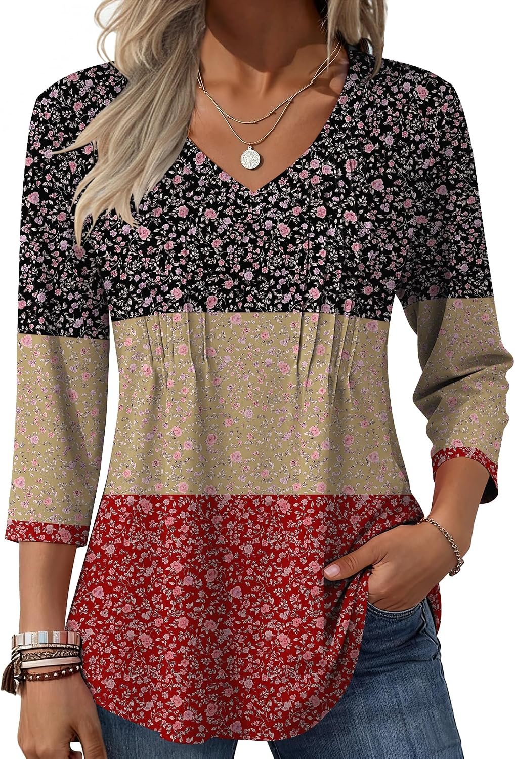 Zeagoo 3/4 Length Sleeve Womens Tops V Neck Pleated Boho Floral Blouses