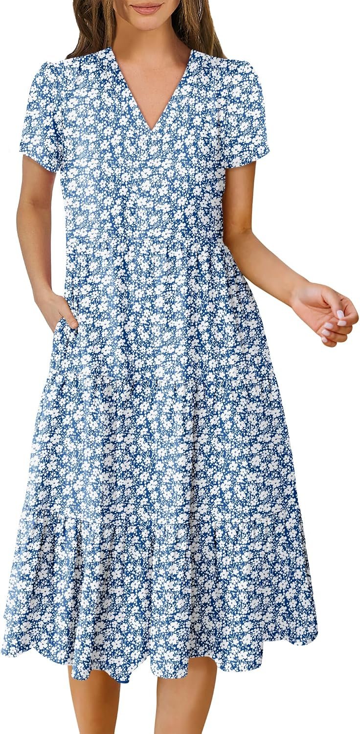 ANRABESS Women’s Summer Casual Short Sleeve V Neck Midi Dresses 2026 Spring Flowy A-line Tiered T Shirts Boho Beach Dress