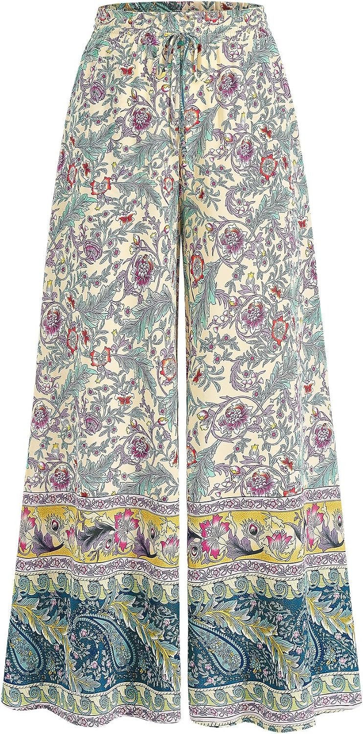 CFLONGE Womens Wide Leg Boho Floral Flowy Pants Casual Palazzo Trousers