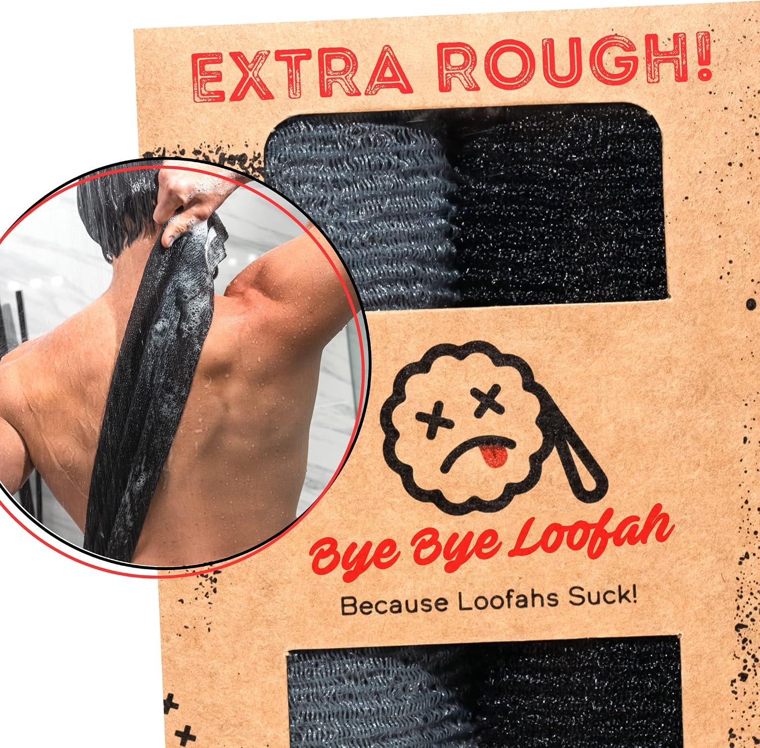 Extra Rough Exfoliating Washcloth, Extreme Body & Back Scrubber for Shower | Extra Long, Hygienic Exfoliator Wash Cloth, Men or Women, 2 Count Pack, 1 Black & 1 Grey Color, Bye Bye Loofah
