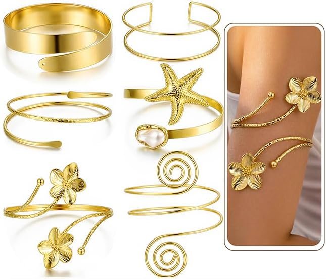 6PCS Gold Arm Cuff Bracelets for Women, Boho Statement Gold Upper Arm Bangle Band Armlet, Open Adjustable Cuff Bracelet set Stackable Jewelry