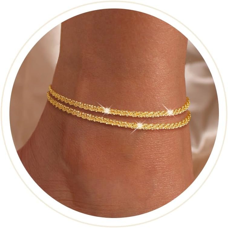Robaice Ankle Bracelets for Women, 14K Gold Plated/Silver Layered Anklets