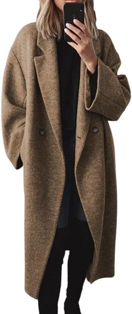 chouyatou Women’s Winter Double Breasted Wool Coat Long Sleeve Notch Lapel Long Trench Coat