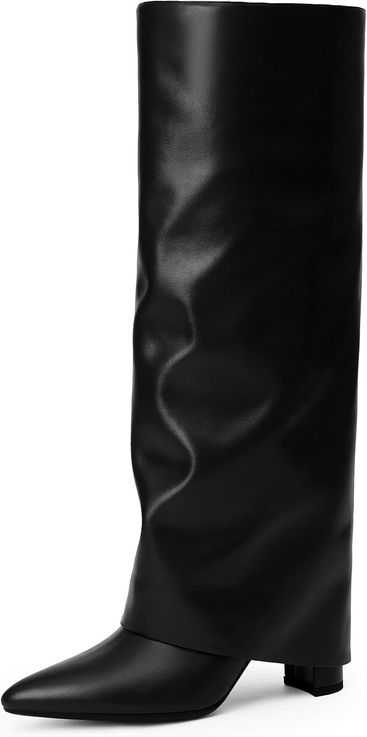Knee High Boots Women Fold Over Boots Chunky Heel Pointed Toe Tall Boots