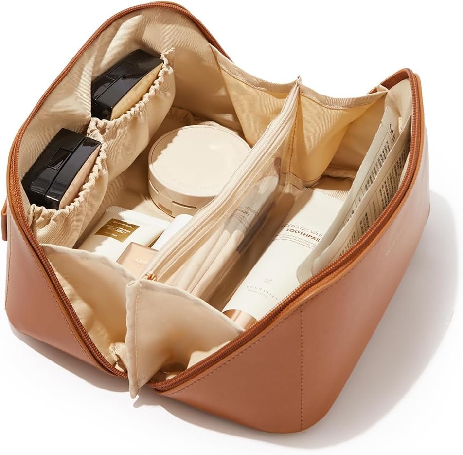 EACHY Travel Makeup Bag for Women, PU Leather Cosmetic Bag, Brown, Medium