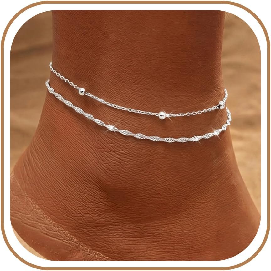 Gold Ankle Bracelets for women,14k Gold/Silver Plated Waterproof Layered lightweight Bow Beaded Twisted Chain Cross Butterfly Satellite Ankle Bracelets Set Gold Anklets for women Trendy Summer Beach Jewelry Gift for Women