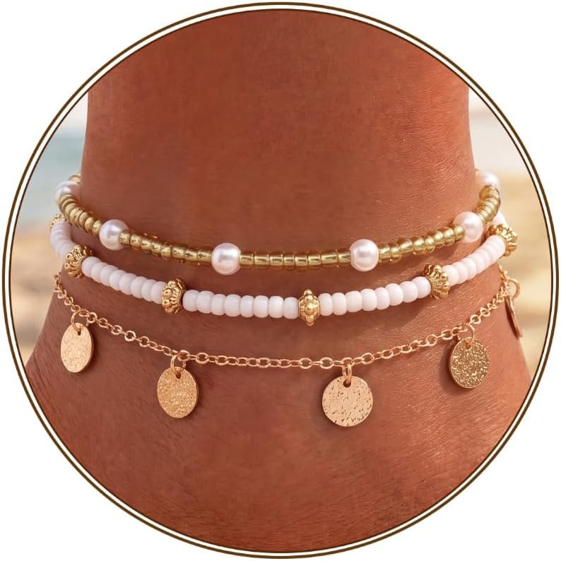 Qceasiy Shell Ankle Bracelets for Women, Boho Beaded Beach Anklet Set