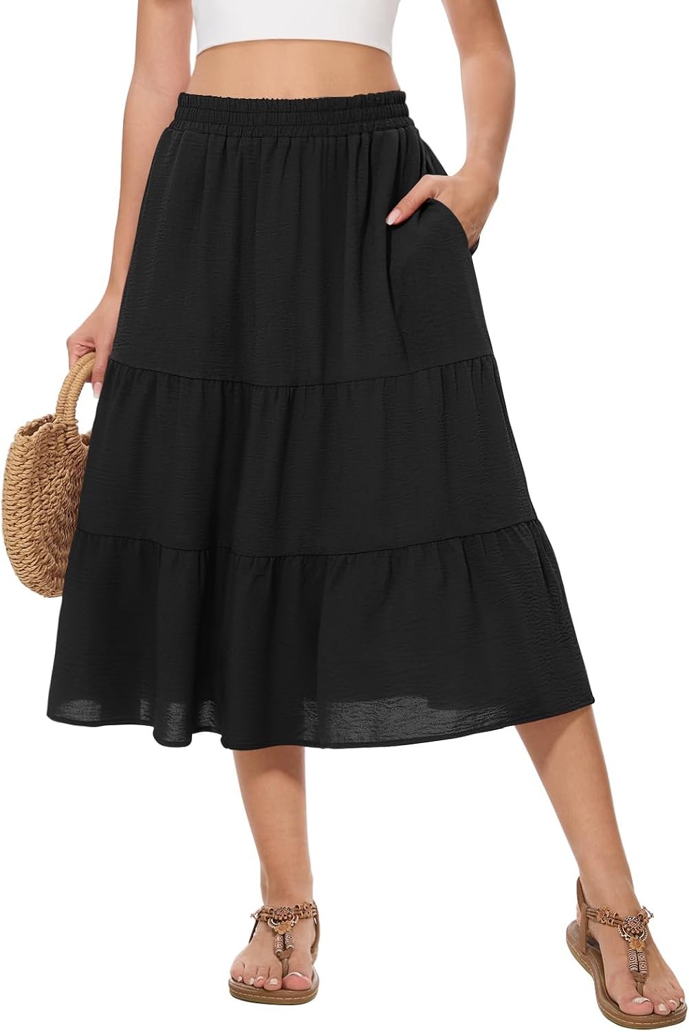 Women’s Summer Midi Tiered Flowy High Waist A-Line Casual Skirts