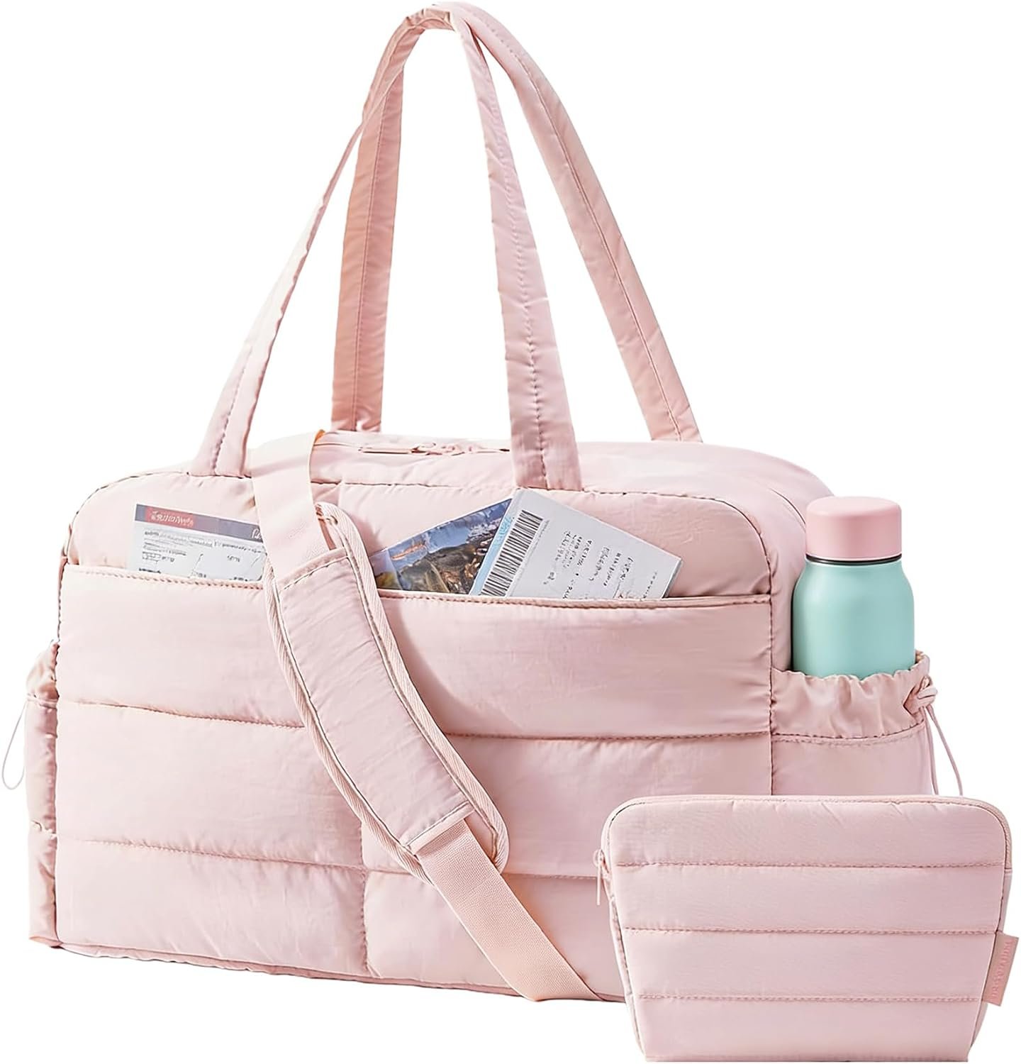 BAGSMART Gym Bag for Women, 2-PC Puffer Travel Duffle Bag Carry On Tote Bag