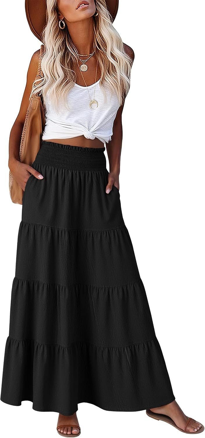 ANRABESS Womens Maxi Skirts, Elastic High Waist A-Line Tiered, Long Flowy Boho Skirts, Summer Casual Beach & Vacation Wear