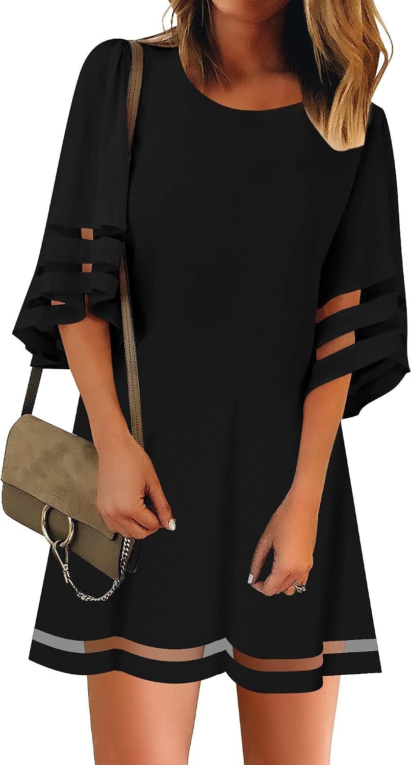 LookbookStore Women Casual Crewneck Mesh Panel 3/4 Bell Sleeve Loose Tunic Dress