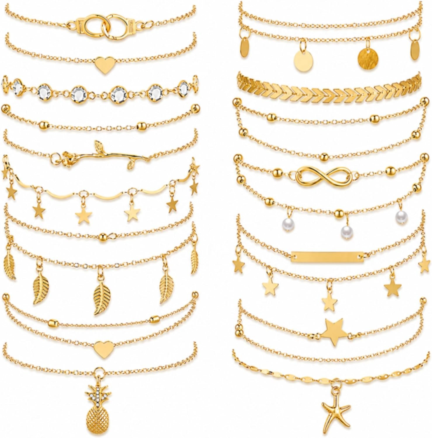 Hicarer 16 Pcs Ankle Bracelets for Women Boho Alloy Plated
