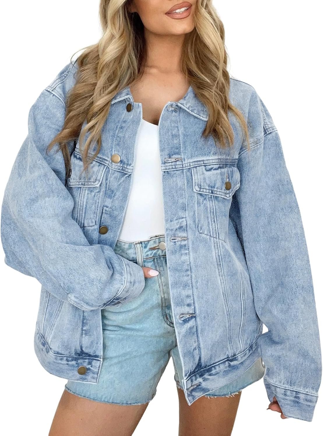 AUTOMET Women’s Button Down Oversized Jeans Jacket with Pockets