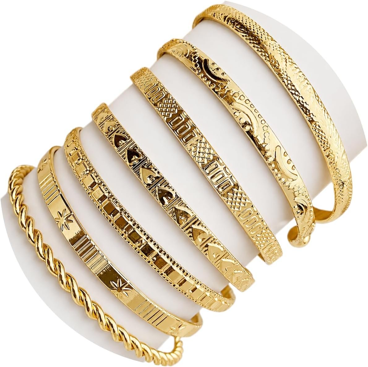 IFKM Gold Bangle Bracelets For Women, 14k Gold Plated Multi Layer Stackable Cuff Bracelet Set, Trendy Elegance Charms Non Tarnish Minimalist Textured Boho Jewelry Gift for Women
