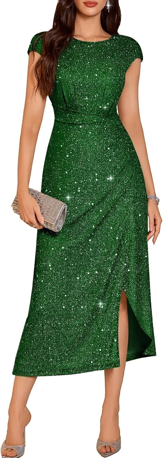 DRESSTELLS Women’s Sparkly Formal Wedding Guest Dresses, Sequin Cocktail Party Evening Prom Slit Maxi Dress