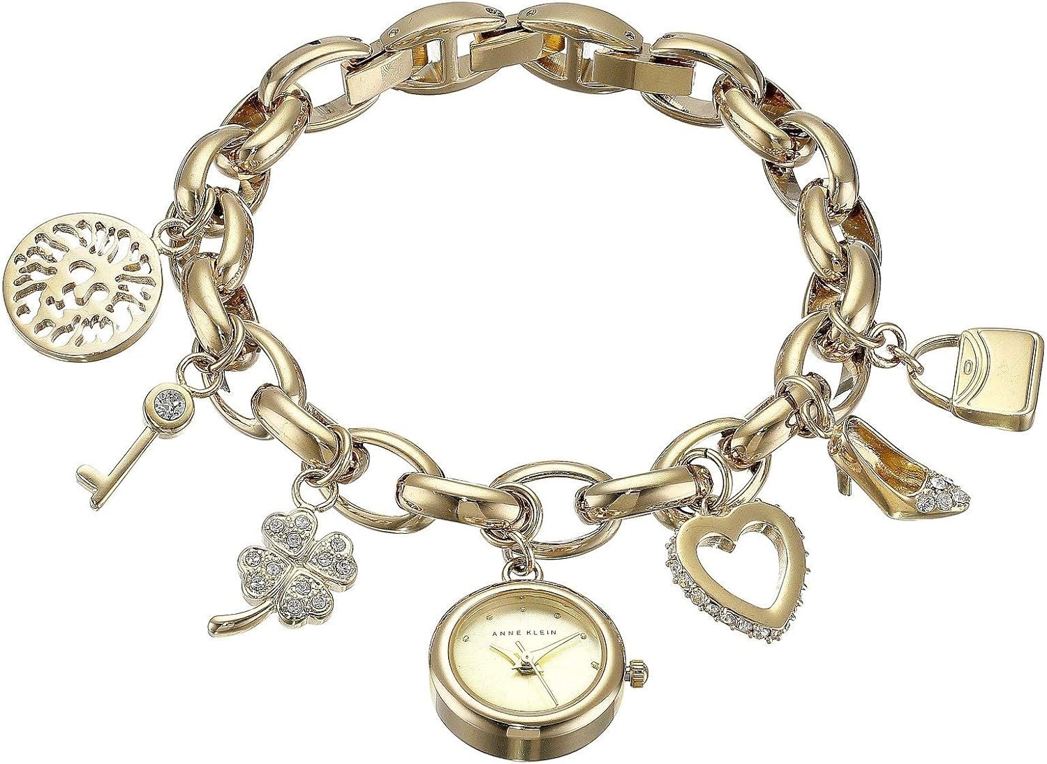 Anne Klein Women’s Premium Crystal Accented Gold-Tone Charm Bracelet Watch, 10/7604CHRM