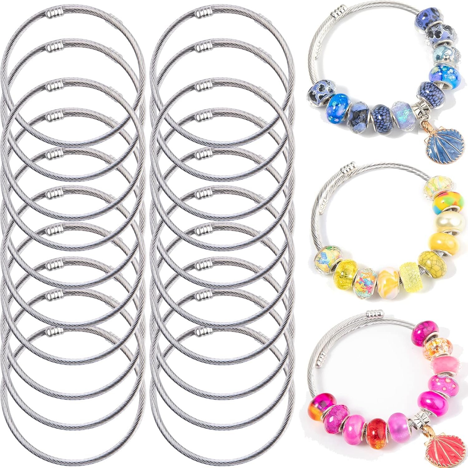 ZYEHXED 20Pcs Snake Charm Bracelet Expandable Elastic Bangle Bracelets Stainless Steel Silver Snake Bracelet For Women Diy Jewelry Making Supplies