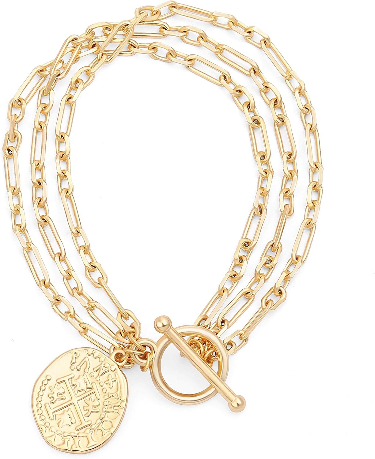 PEARLADA 18k Gold Plated Chain Layerd Bracelet Coin Charm Toggle Bracelet Trendy Cubic Zirconia Jewelry