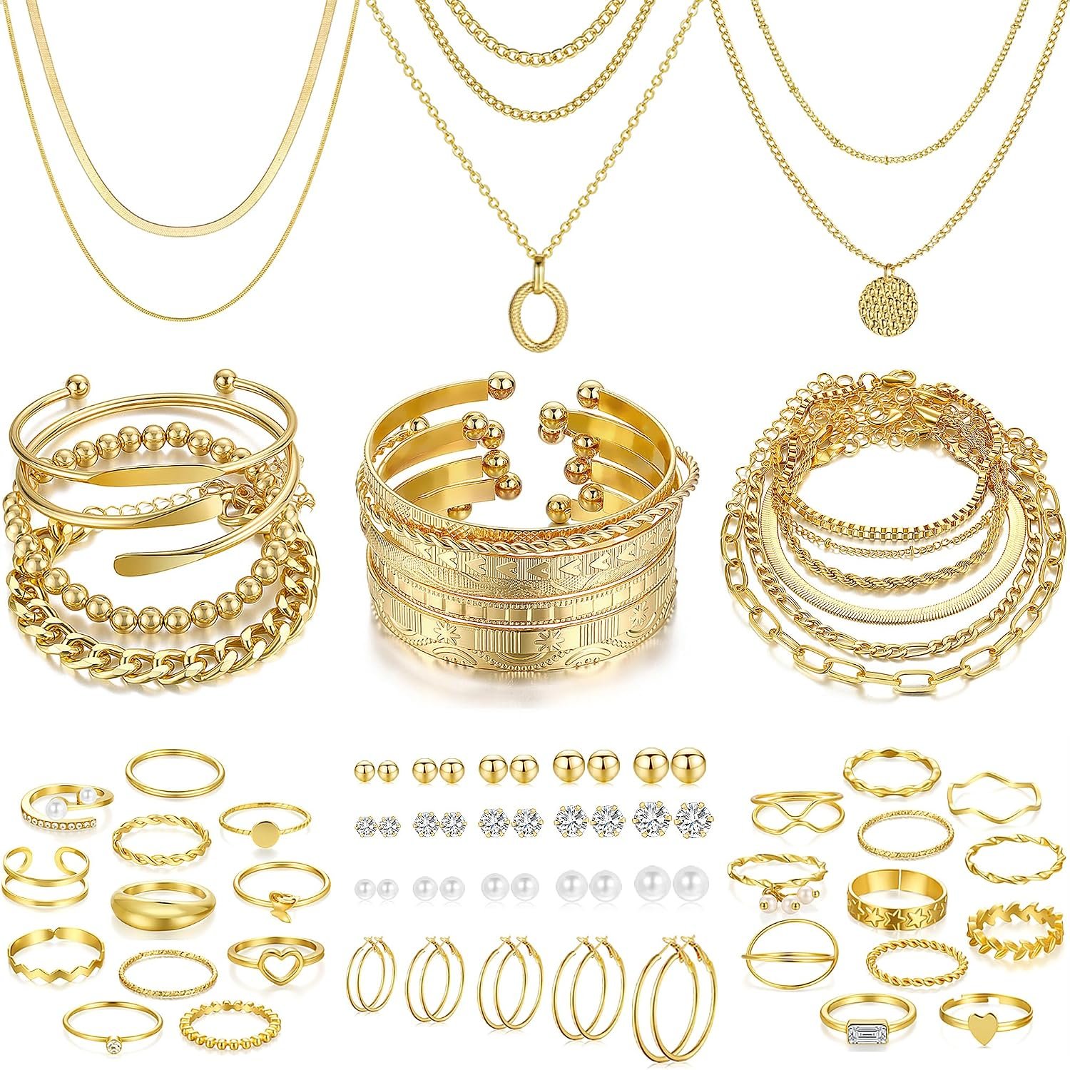 FAXHION 68 Pcs Gold Jewelry Set for Women with 7 Necklace, 17 Bracelet, 5 Hoop Earrings, 15 Stud Earrings, 24 Knuckle Rings for Women Jewelry Set for Women Gift
